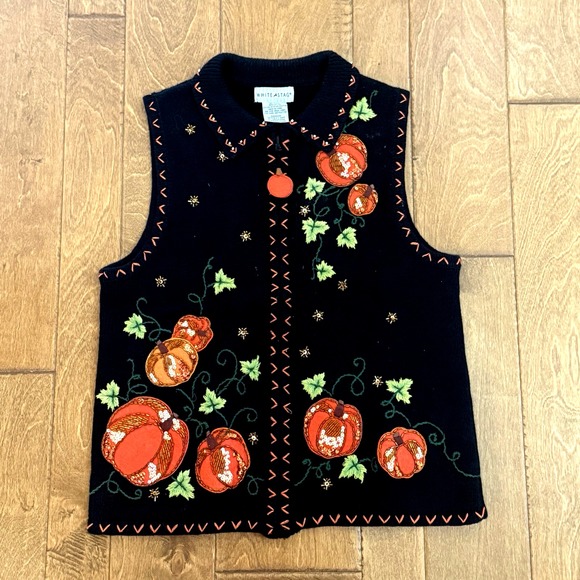 White Stag Sweaters - Vintage 90s Harvest Fall Teacher Sweater Vest Small White Stag Pumpkin Halloween